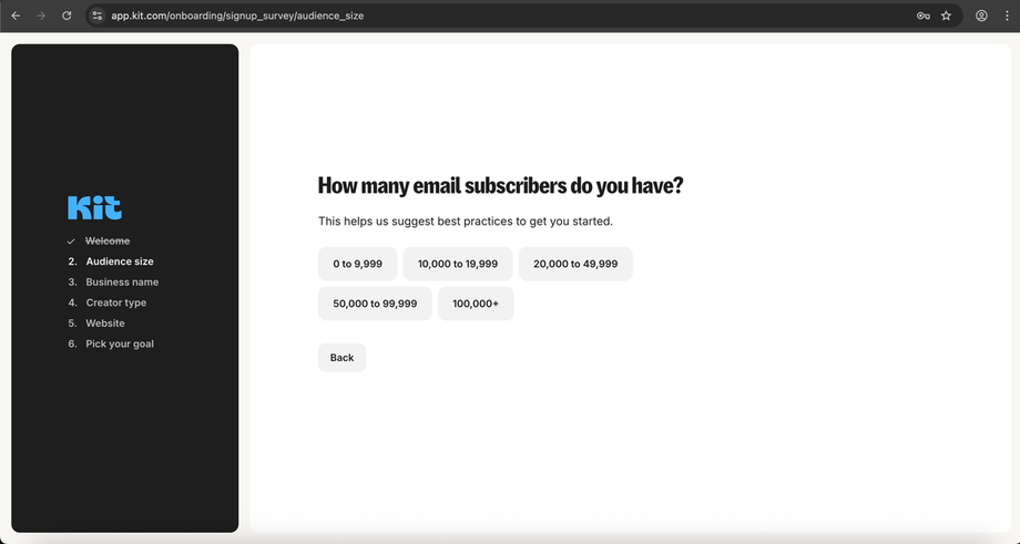 Kit onboarding: “How many email subscribers do you have?” — five buckets.
