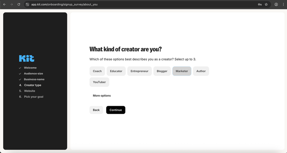 Kit onboarding: “What kind of creator are you?” — select up to three.